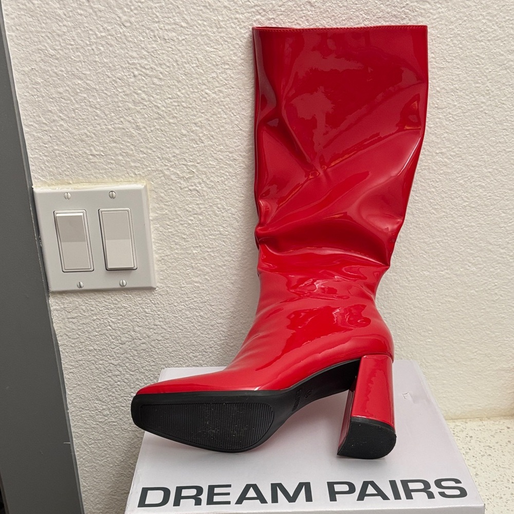 Dream Pairs Red Patent Mid-Calf Block Heel Boot